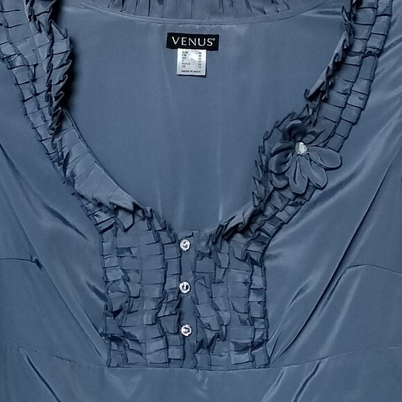 Venus Size 14 Blue Gray Metallic Ruffle Collar Short Cap Sleeve Top - Picture 5 of 10